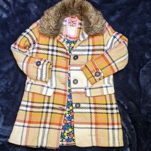 Mini Boden blanket check wool coat with removable fur collar.  Size 5/6 years